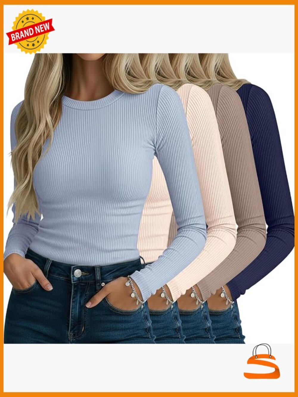 4 Pack Women's Ribbed Long Sleeve Shirts Crew Neck Slim Fit Stretch Knit Tops